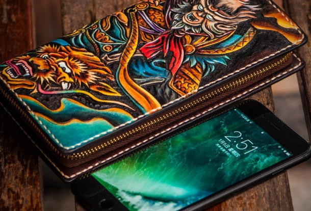 Handmade leather black monkey king biker wallet clutch zip long wallet brown leather men Tooled