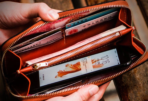 Handmade leather brown biker wallet clutch zip long wallet leather men phone