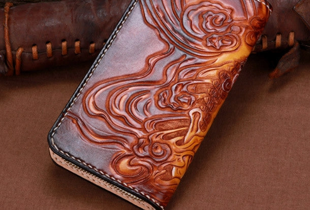Handmade leather Brown Long Buddha devil wallet leather men clutch Tooled wallet