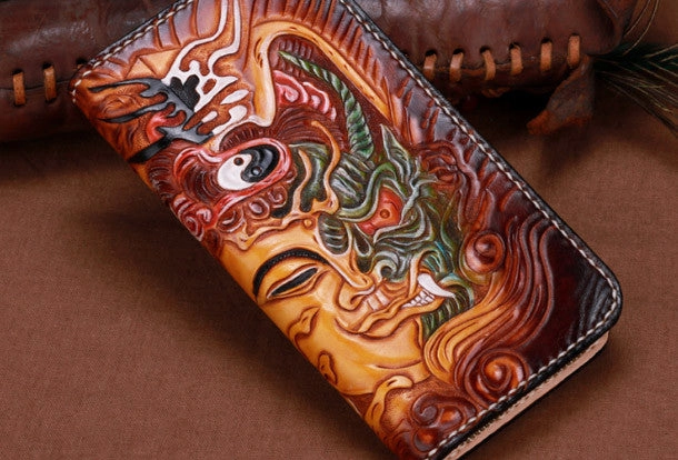 Handmade leather Brown Long Buddha devil wallet leather men clutch Tooled wallet