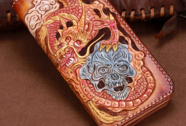 Handmade leather brown skull wallet leather long men clutch Tooled wallet