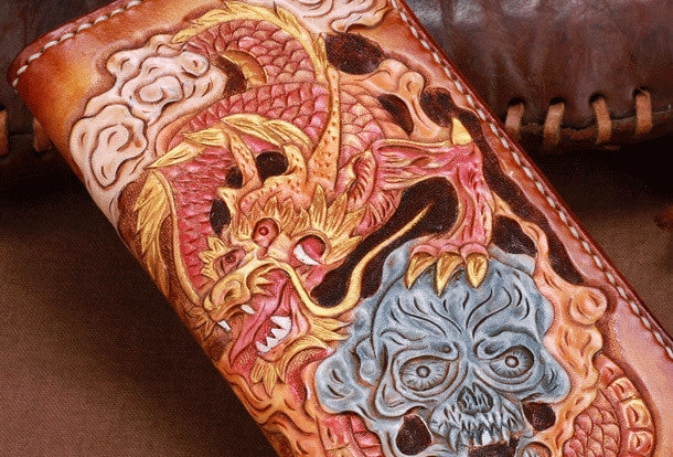 Handmade leather brown skull wallet leather long men clutch Tooled wallet