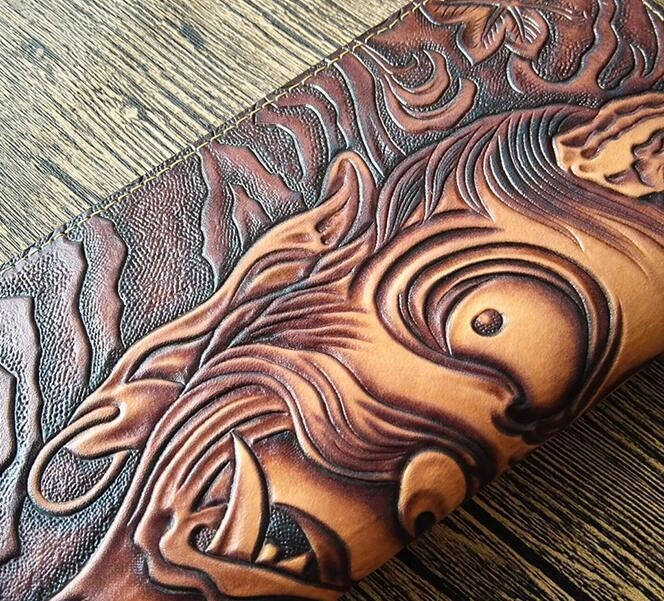 Handmade Leather Buddha&Demon Tooled Mens Long Wallet Cool Leather Wallet Clutch Wallet for Men