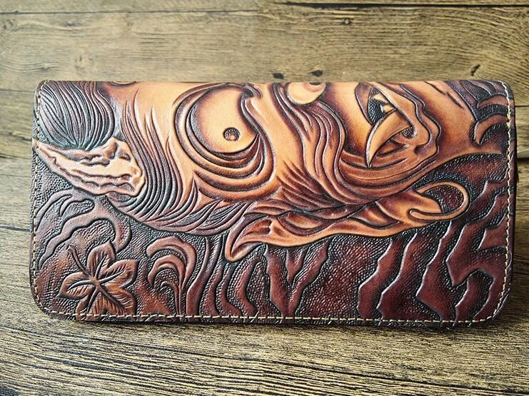 Handmade Leather Buddha&Demon Tooled Mens Long Wallet Cool Leather Wallet Clutch Wallet for Men