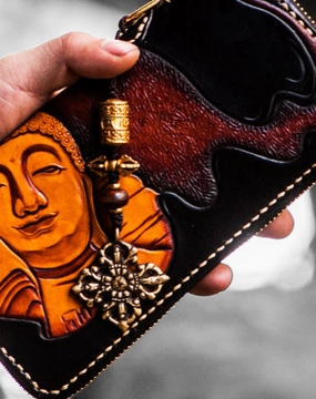 Handmade leather Buddha biker wallet clutch zip long wallet brown leather men phone