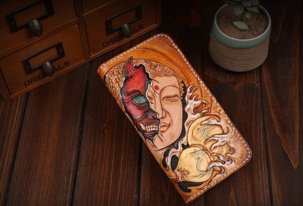 Handmade leather Buddha devil  wallet leather zip men clutch Carved Tooled wallet