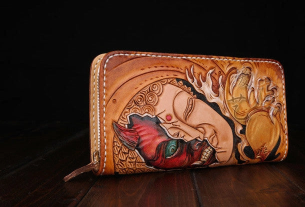 Handmade leather Buddha devil  wallet leather zip men clutch Carved Tooled wallet