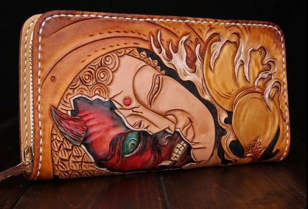 Handmade leather Buddha devil  wallet leather zip men clutch Carved Tooled wallet