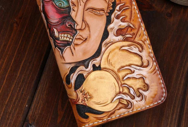 Handmade leather Buddha devil  wallet leather zip men clutch Carved Tooled wallet