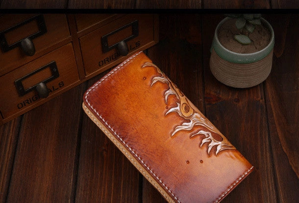 Handmade leather Buddha devil  wallet leather zip men clutch Carved Tooled wallet