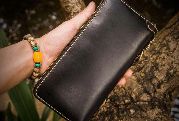 Handmade leather carp biker wallet clutch zip long wallet brown leather men phone