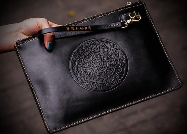 Handmade Leather Carp Tooled Wristlet Bag iPad Bag Mens Cool Leather Wallet Long Clutch for Men