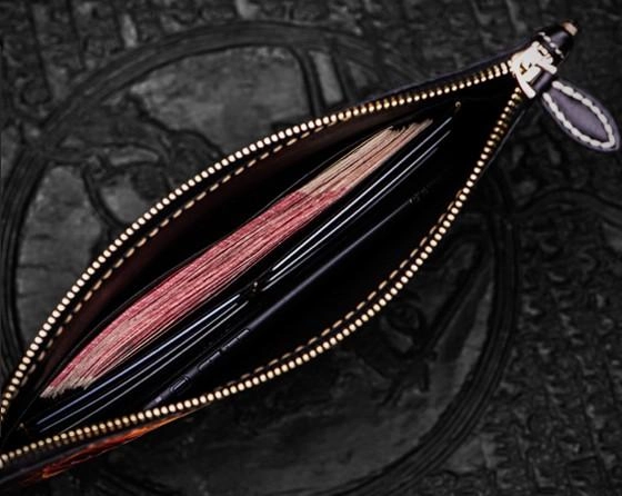 Handmade Leather Carp Tooled Wristlet Bag iPad Bag Mens Cool Leather Wallet Long Clutch for Men