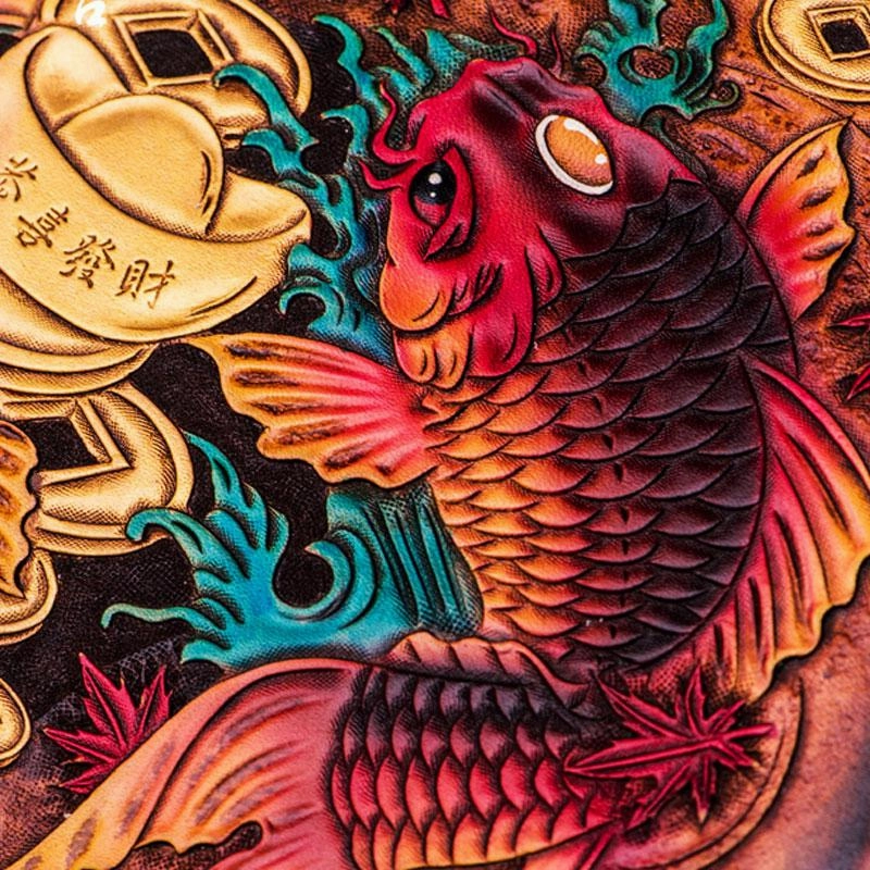 Handmade Leather Carp Tooled Wristlet Bag iPad Bag Mens Cool Leather Wallet Long Clutch for Men
