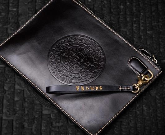 Handmade Leather Carp Tooled Wristlet Bag iPad Bag Mens Cool Leather Wallet Long Clutch for Men