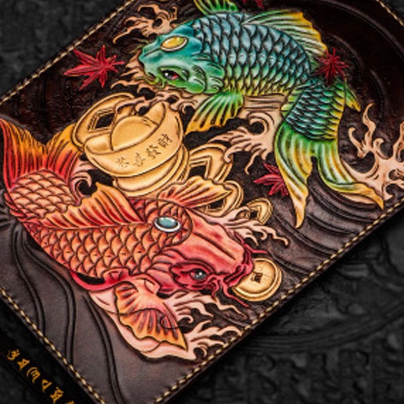 Handmade Leather Carp Tooled Wristlet Bag Mens Cool Leather Wallet Long Clutch for Men