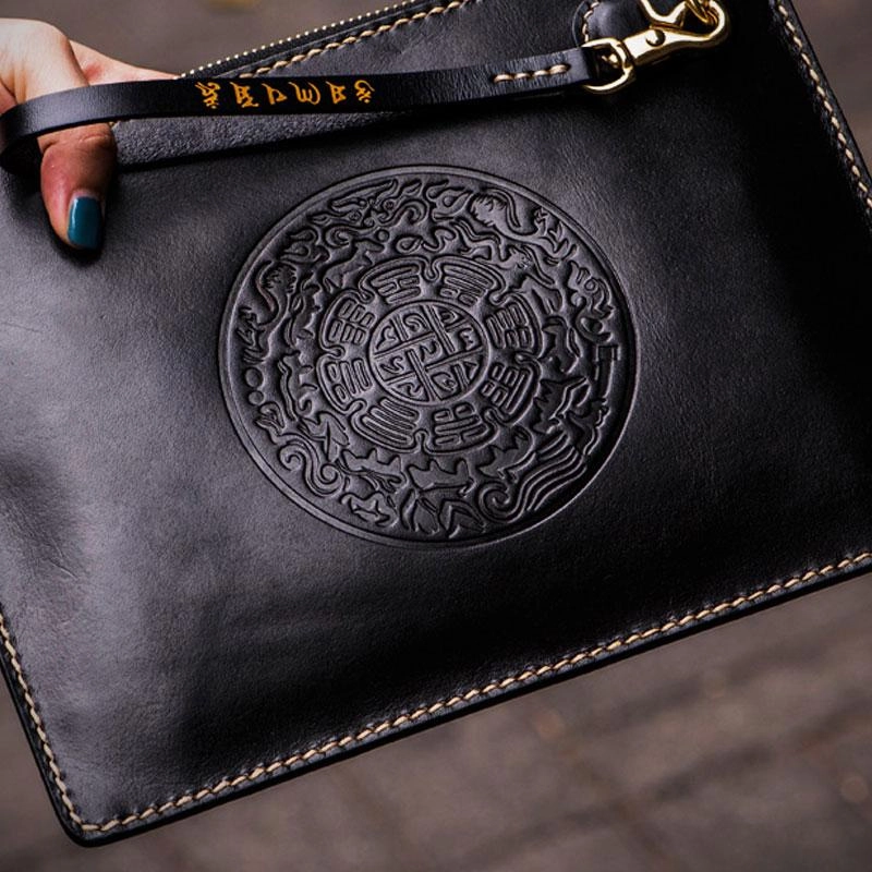 Handmade Leather Carp Tooled Wristlet Bag Mens Cool Leather Wallet Long Clutch for Men