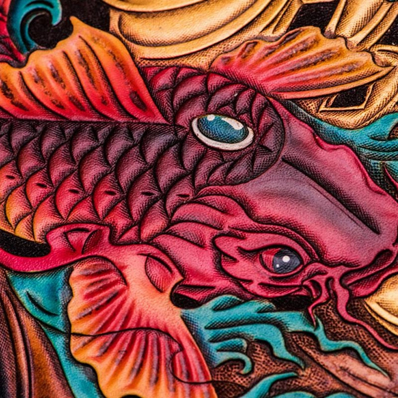 Handmade Leather Carp Tooled Wristlet Bag Mens Cool Leather Wallet Long Clutch for Men