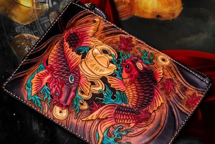 Handmade Leather Carp Tooled Wristlet Bag Mens Cool Leather Wallet Long Clutch for Men