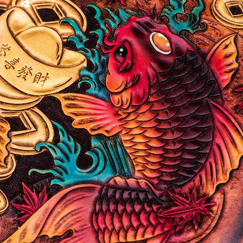 Handmade Leather Carp Tooled Wristlet Bag Mens Cool Leather Wallet Long Clutch for Men