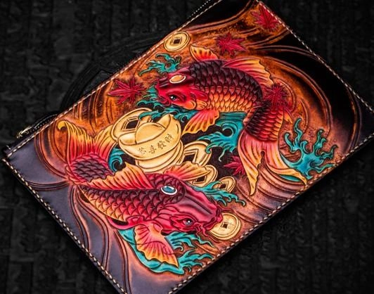 Handmade Leather Carp Tooled Wristlet Bag Mens Cool Leather Wallet Long Clutch for Men