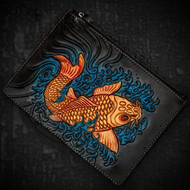 Handmade Leather Carp Tooled Wristlet Bag Mens Cool Leather Wallet Long Clutch for Men