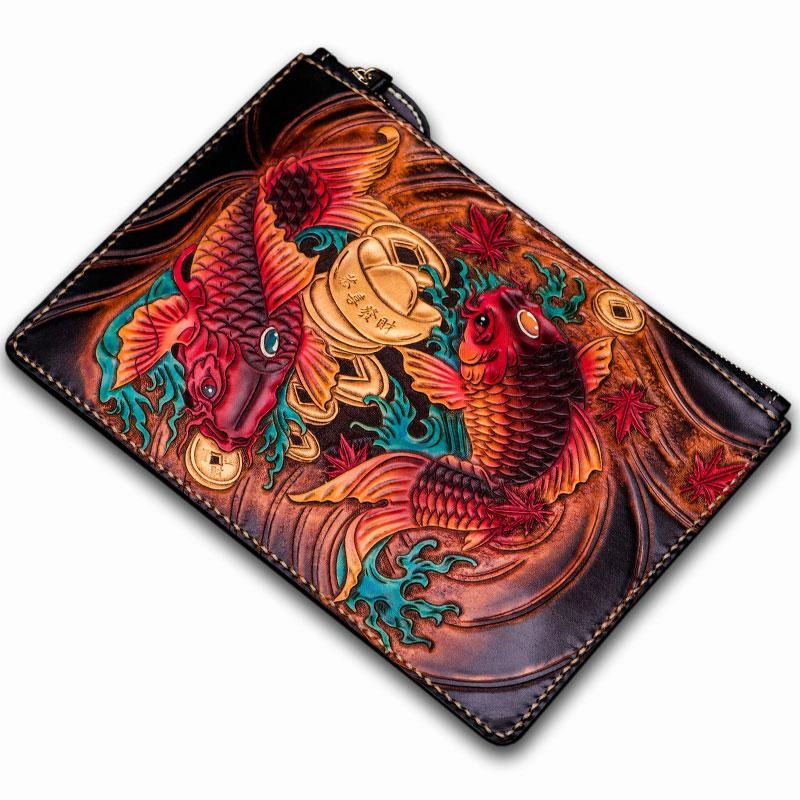 Handmade Leather Carp Tooled Wristlet Bag Mens Cool Leather Wallet Long Clutch for Men