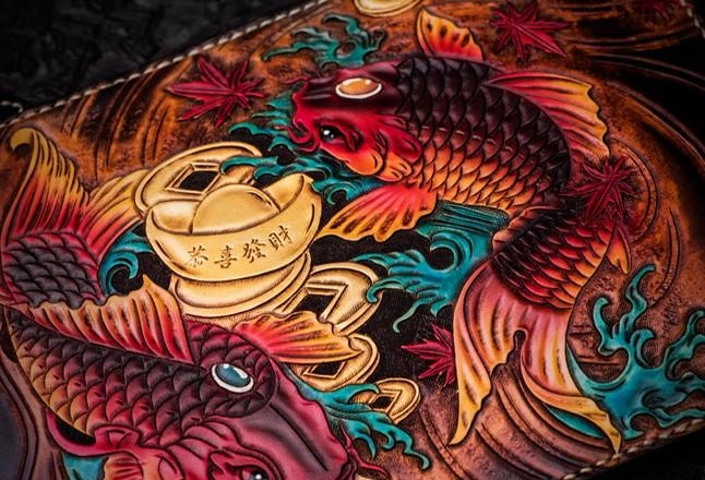 Handmade Leather Carp Tooled Wristlet Bag Mens Cool Leather Wallet Long Clutch for Men