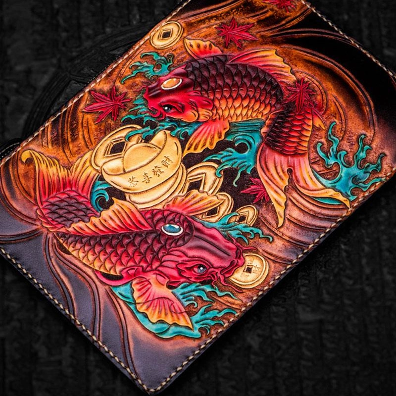 Handmade Leather Carp Tooled Wristlet Bag Mens Cool Leather Wallet Long Clutch for Men