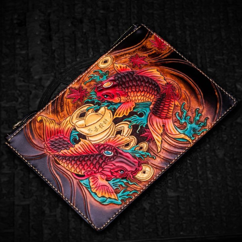 Handmade Leather Carp Tooled Wristlet Bag Mens Cool Leather Wallet Long Clutch for Men