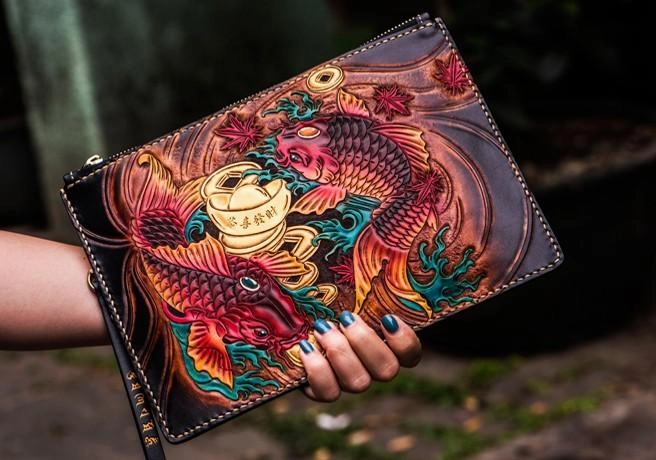 Handmade Leather Carp Tooled Wristlet Bag Mens Cool Leather Wallet Long Clutch for Men