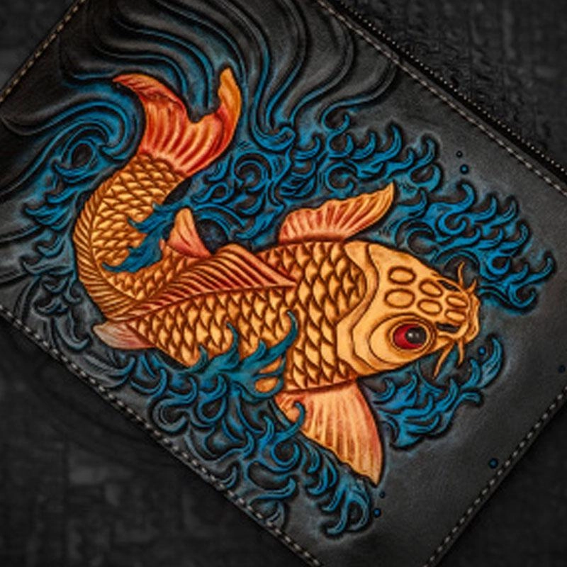Handmade Leather Carp Tooled Wristlet Bag Mens Cool Leather Wallet Long Clutch for Men