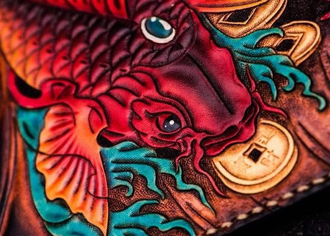 Handmade Leather Carp Tooled Wristlet Bag Mens Cool Leather Wallet Long Clutch for Men