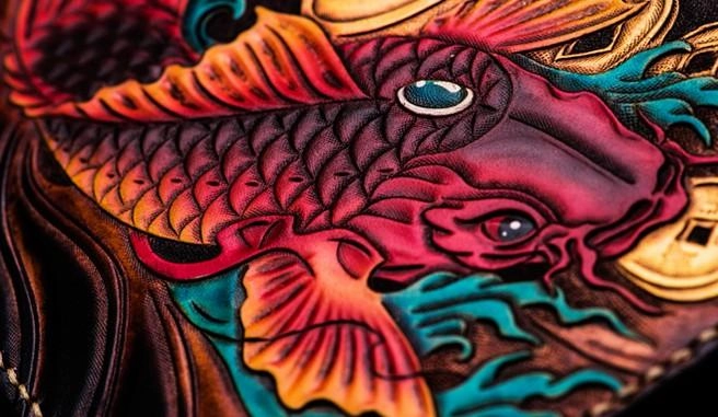 Handmade Leather Carp Tooled Wristlet Bag Mens Cool Leather Wallet Long Clutch for Men