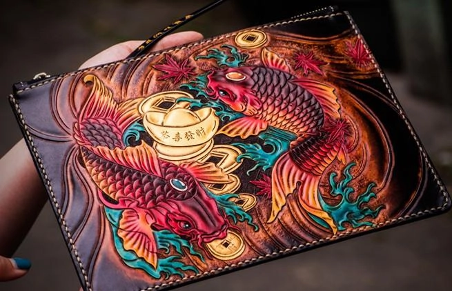Handmade Leather Carp Tooled Wristlet Bag Mens Cool Leather Wallet Long Clutch for Men