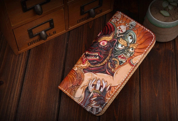 Handmade leather Chinese devil  wallet leather zip men clutch Carved Tooled wallet
