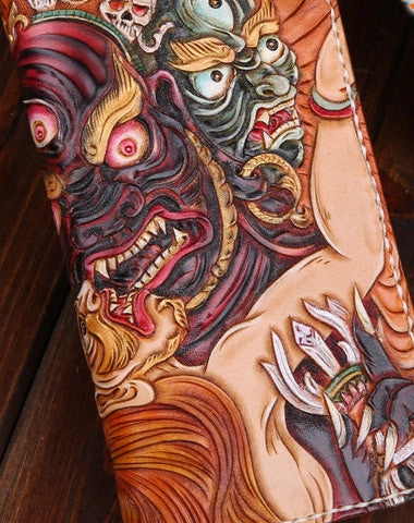 Handmade leather Chinese devil  wallet leather zip men clutch Carved Tooled wallet