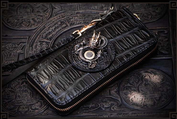 Handmade Leather Chinese Dragon Mens Chain Biker Wallet Cool Leather Wallet Long Clutch Wallets for Men
