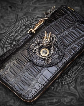 Handmade Leather Chinese Dragon Mens Chain Biker Wallet Cool Leather Wallet Long Clutch Wallets for Men