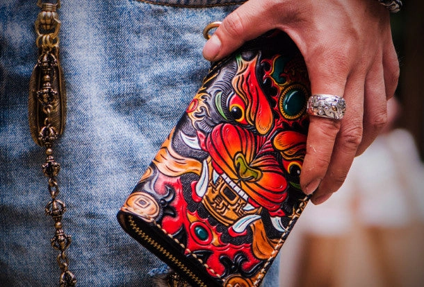 Handmade leather Chinese Monster biker wallet clutch zip long wallet black leather men phone