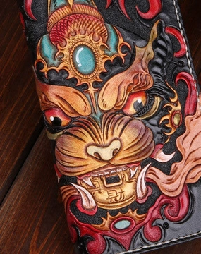 Handmade leather Chinese Monster Black wallet leather zip men clutch Carved Tooled wallet