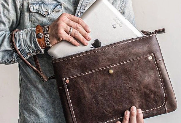 Handmade leather clutch bag wallet leather ipad case men Black long wallet