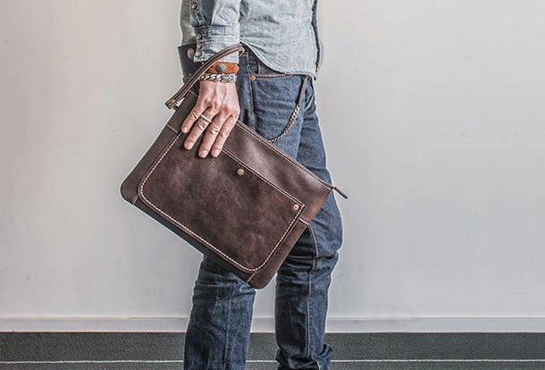 Handmade leather clutch bag wallet leather ipad case men Black long wallet