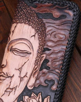 Handmade leather clutch long wallet leather men Buddha black tooled wallet