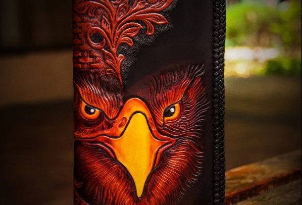 Handmade leather clutch zip long wallet black eagle leather men Tooled
