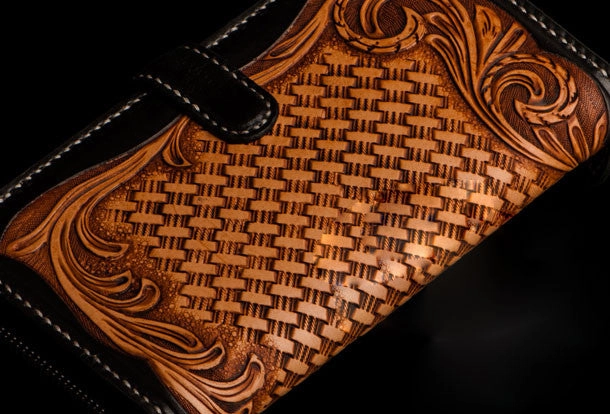 Handmade leather clutch zip long wallet black floral leather men Tooled