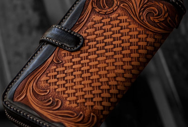 Handmade leather clutch zip long wallet black floral leather men Tooled