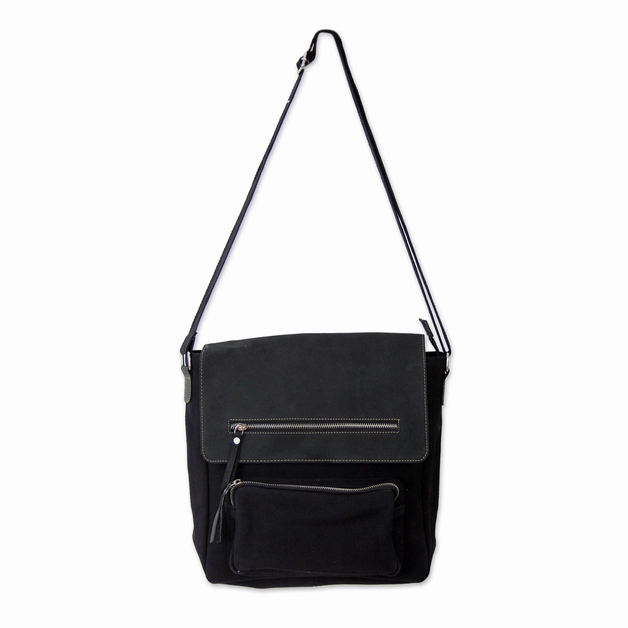 Handmade Leather Cotton 'Black Pockets Aplenty' Messenger Bag (India) - 12.25"x13.75"