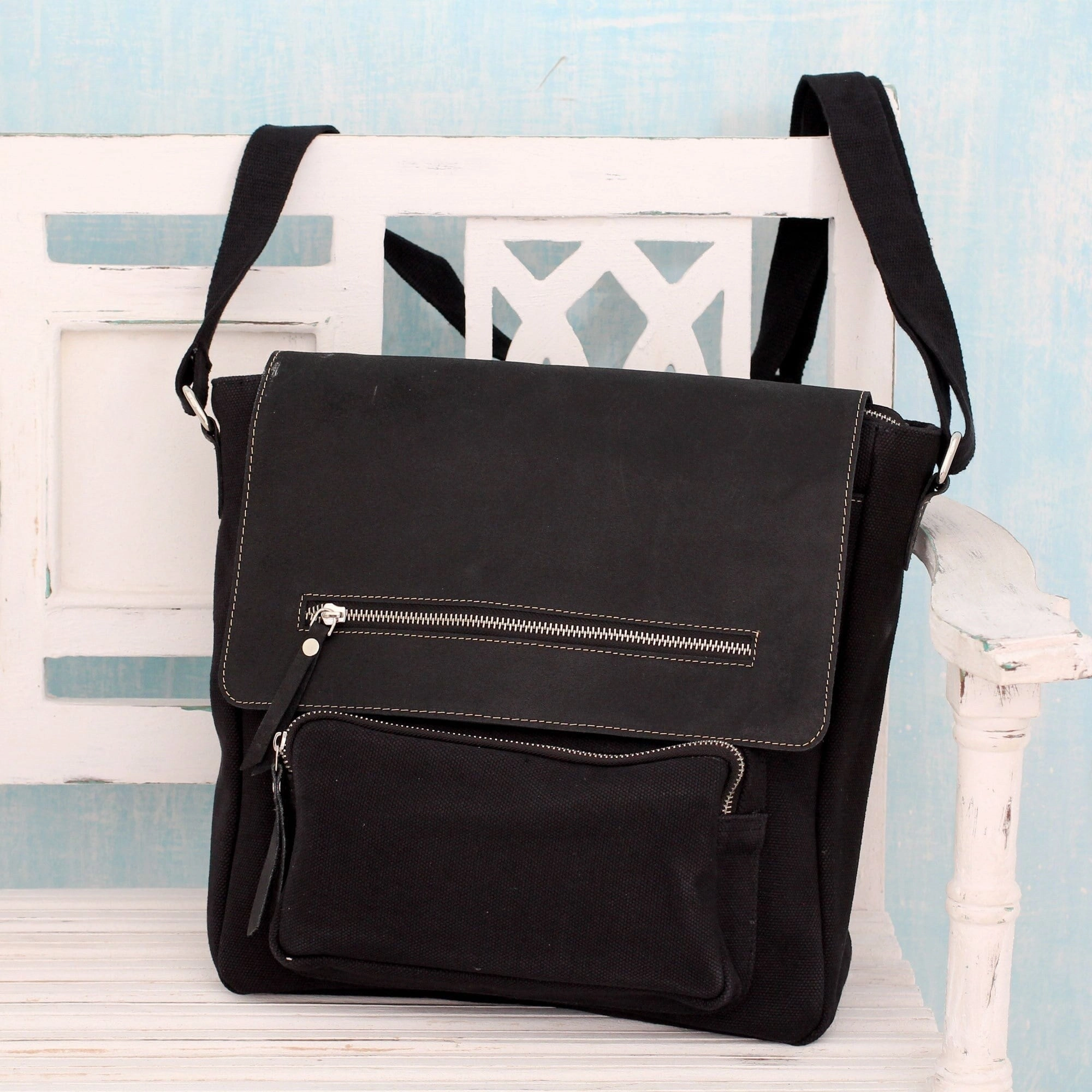 Handmade Leather Cotton 'Black Pockets Aplenty' Messenger Bag (India) - 12.25"x13.75"