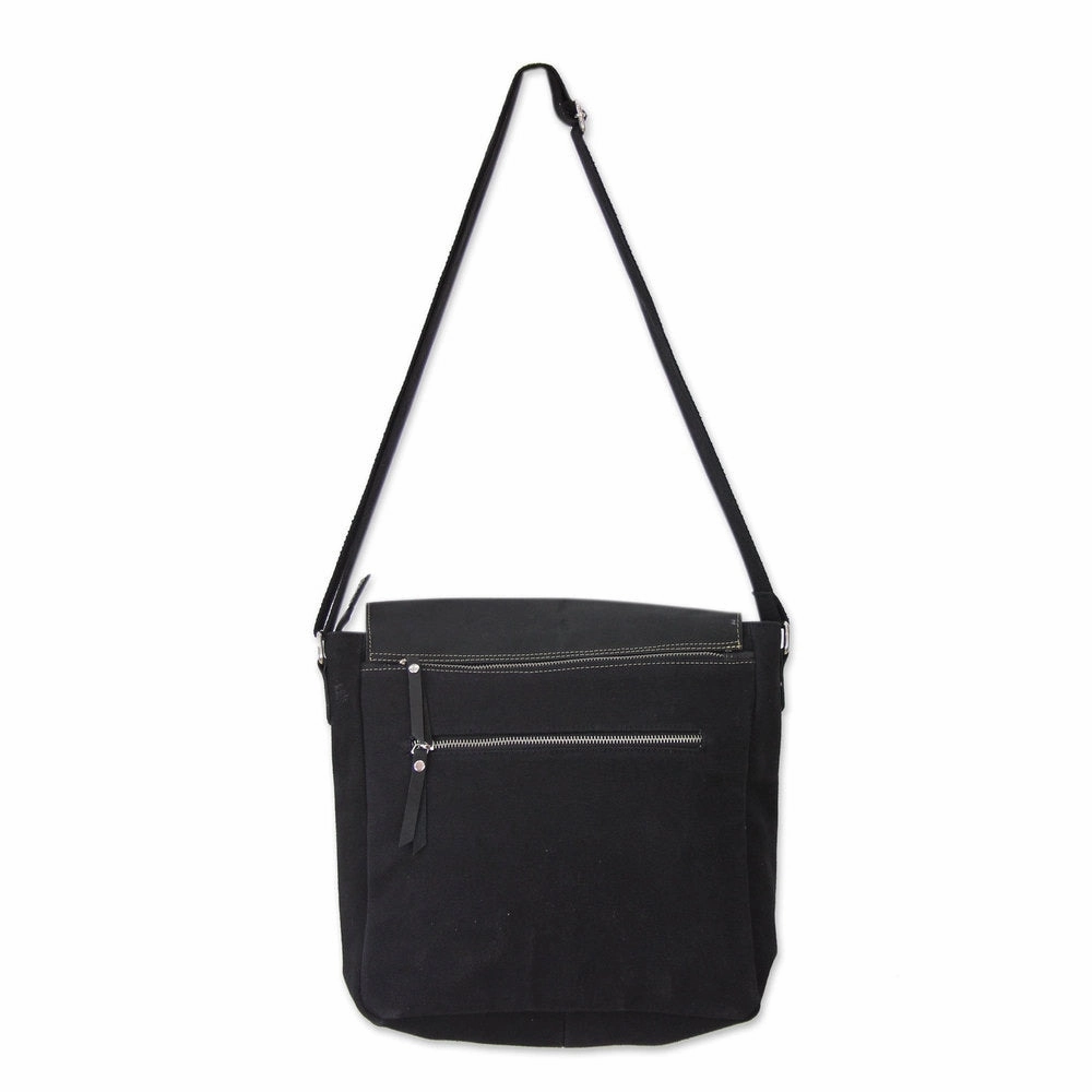 Handmade Leather Cotton 'Black Pockets Aplenty' Messenger Bag (India) - 12.25"x13.75"